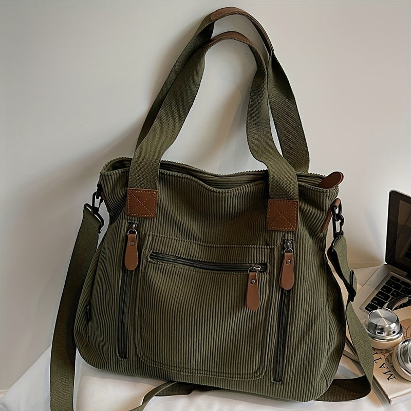 Corduroy Tote Bag Women Large Capacity – Adjustable Shoulder Strap, Multi-Pocket Crossbody Handbag for Work, Shopping & Daily Commute | Beige Vintage Style