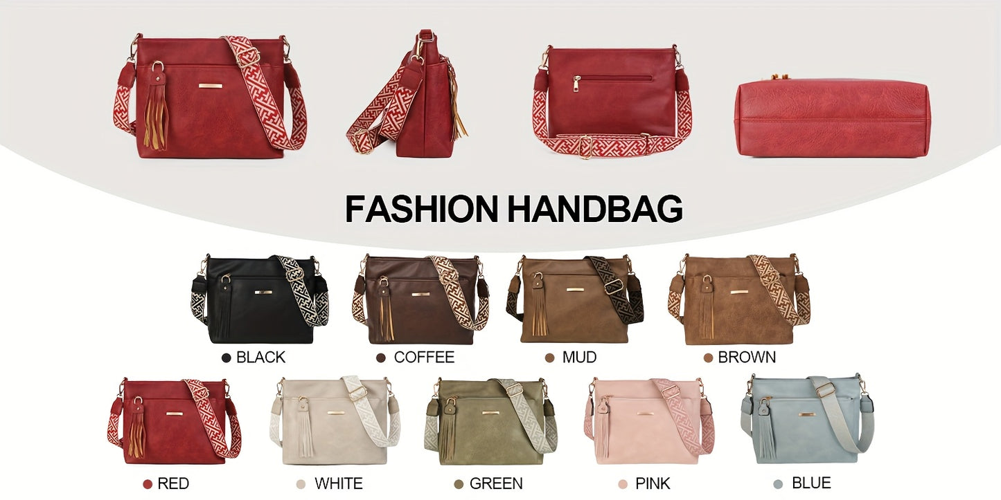 New Large-Capacity Women's Crossbody Bag with Fashionable Tassel Accessory, Wide Shoulder Strap, Contrast Color Square Bag, Simple, Casual, Versatile Commuter Single-Shoulder Underarm Bag