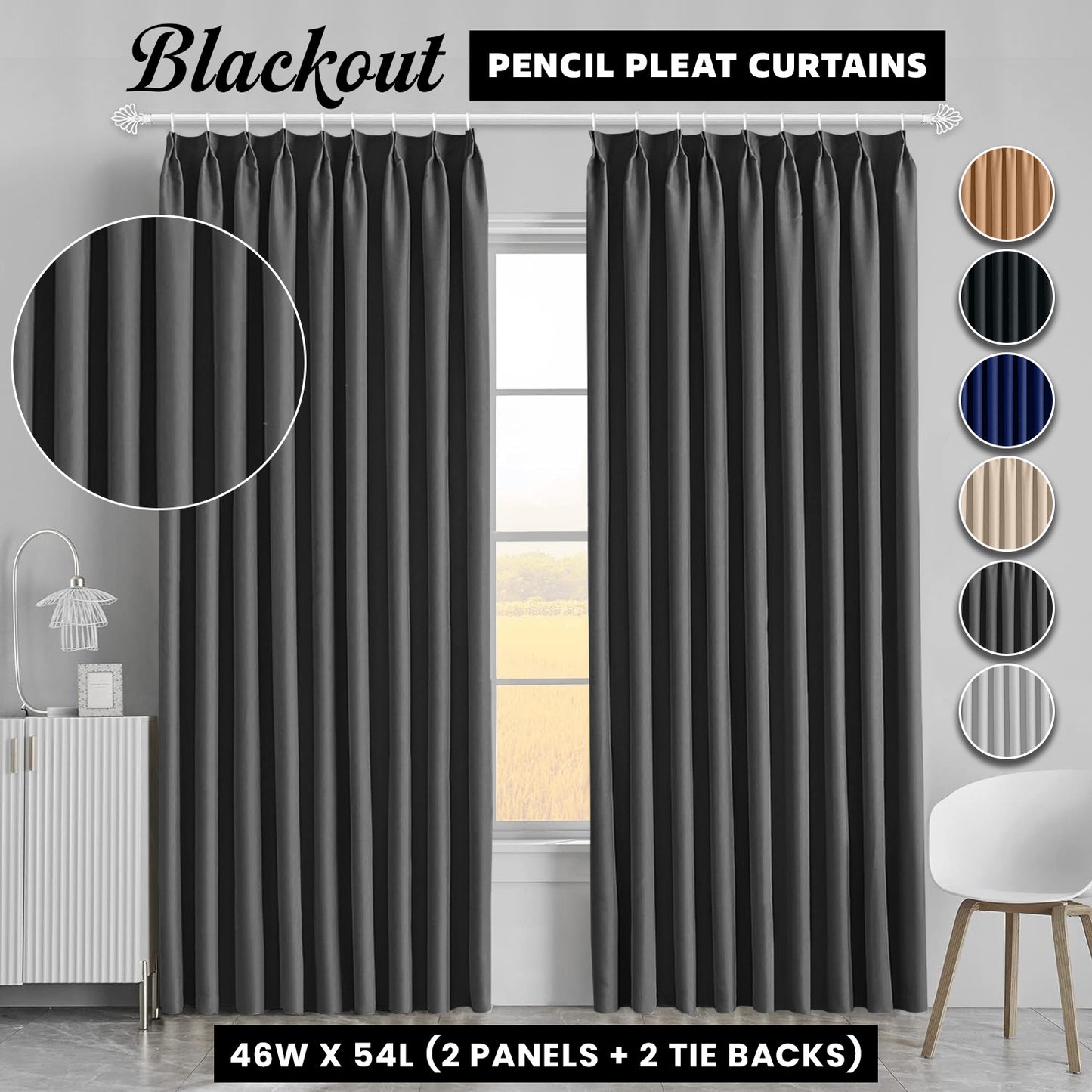 2pcs Premium Blackout Pencil Pleat Curtains – Heavy Duty Thermal Insulated Window Drapes with Matching Ties, Noise Reducing, Energy Saving & UV Blocking, Perfect for Bedroom & Living Room