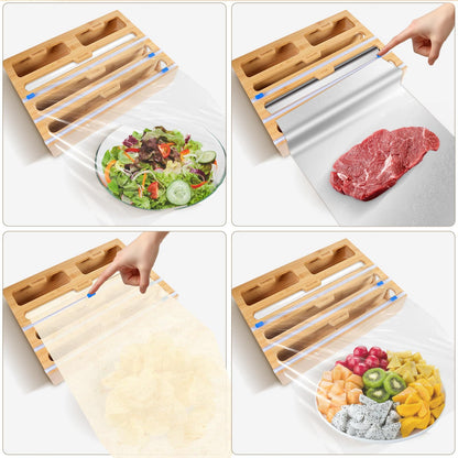 Film Dispenser and 5-in-1Cling Tin Foil Film Dispenser and Foil Dispenser 40cm Kitchen Roll Foil Organiser Storage Cling Film for Kitchen Drawer Foil Holder, Natural Bamboo Durable Design