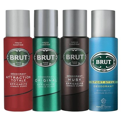 Brut 4 Deodorant Spray Bundle Gift Set - 200ml Each, Original Musk Sport Style Total Attraction, Long-Lasting Men’s Body Spray, Fresh Masculine Fragrance, Everyday Use Value Pack