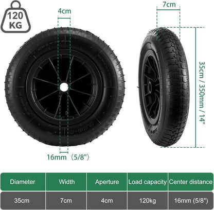 14" 350mm 5-8 Wheelbarrow Wheel Solid Tyre/ Pneumatic Inflatable Tyre with 16mm Centre Wheels Replacement Heavy Duty Wheels Wheelbarrow Tyre for Garden Trolley Barrow Cart