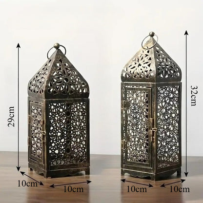 2-Pack Moroccan Style Iron Candle Lantern Holder - Intricate Cut-Out Patterns, Tabletop or Hanging Decor for Wedding, Dining Table, Courtyard, Rustic Elegance with Bakelite Finish (Candles Not Included)