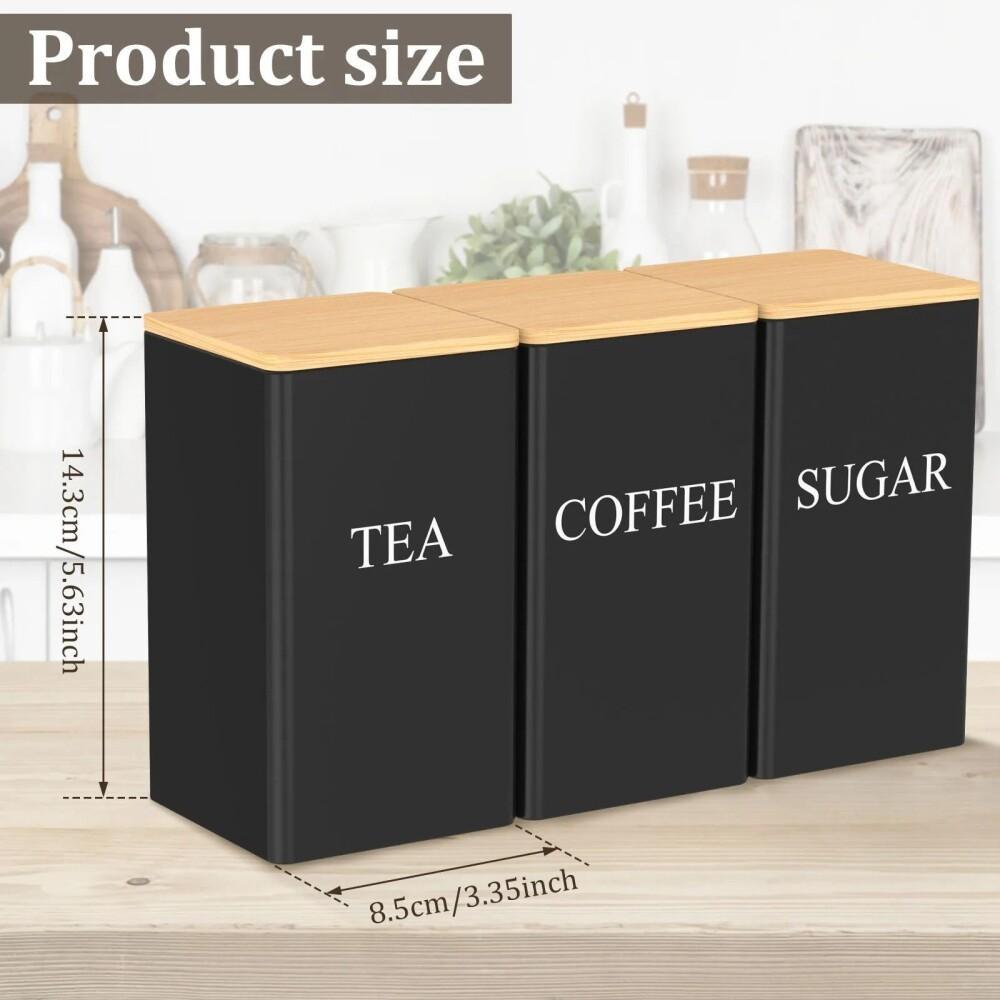 Set of 3 Black Storage Jars/Metal Canisters Designed for Keeping Coffee Beans/Sugar/And Tea/Perfect for Daily Organization in The Kitchen