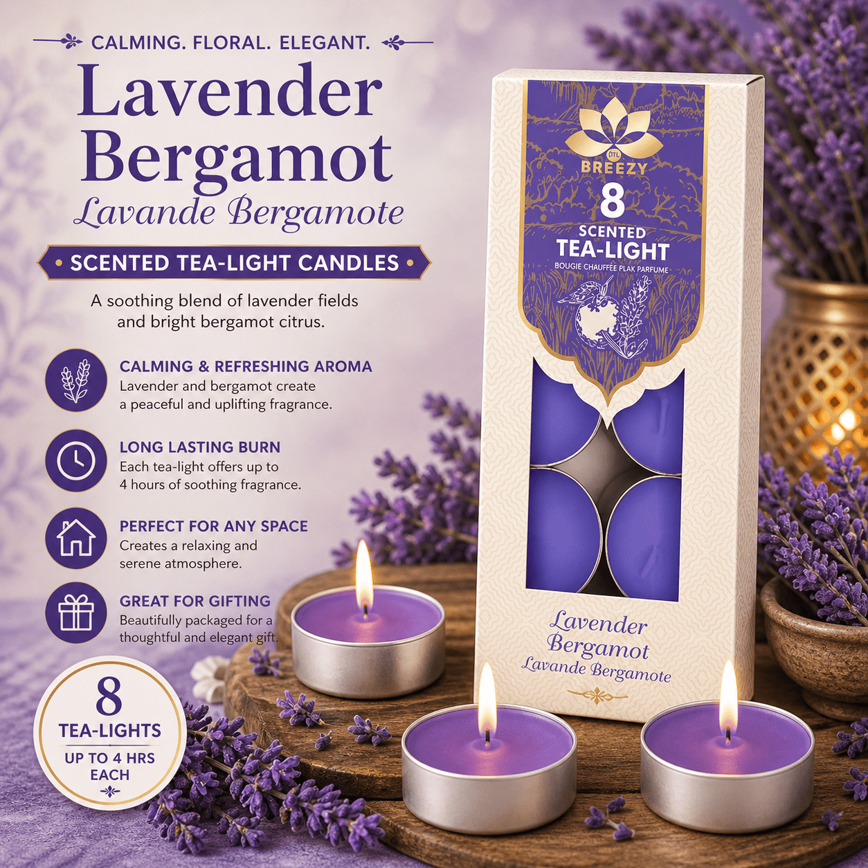 Scented Tea Lights - 8 Pack Strong Fragrance Tea Light Candles, Long Lasting Candle Tealights for Home Decor, Wax Burners & Relaxation