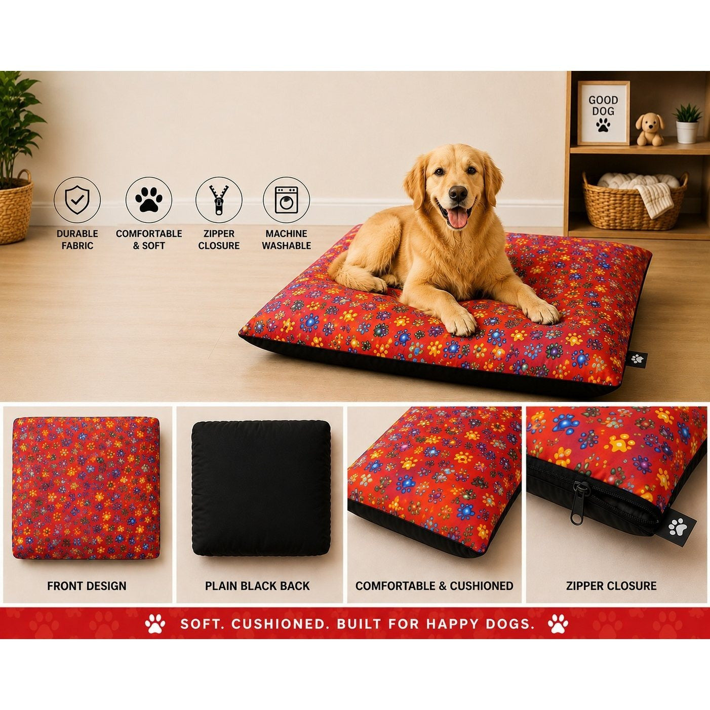 Dog Pet Bed with Removable Zipped Cover Large 95cm x 65cm Soft Washable Cushion