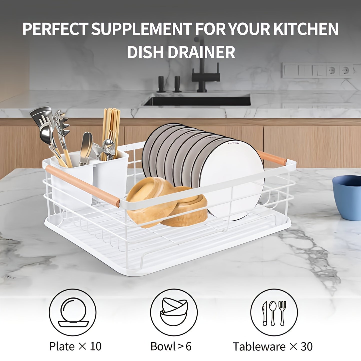 Dish Drainer Rack with Removable Drip Tray - Large Space Saving Kitchen Drying Rack for Plates, Bowls & Cutlery Metal Frame with Wooden Handles (BLACK)