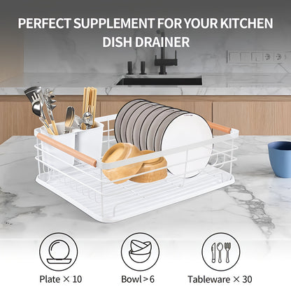 Dish Drainer Rack with Removable Drip Tray - Large Space Saving Kitchen Drying Rack for Plates, Bowls & Cutlery Metal Frame with Wooden Handles (BLACK)