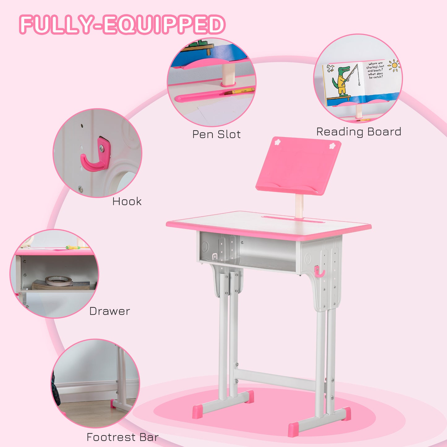 Kids Desk and Chair Set Adjustable Height Study Table Set w/Drawer, Book Stand, Pen Slot