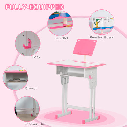 Kids Desk and Chair Set Adjustable Height Study Table Set w/Drawer, Book Stand, Pen Slot