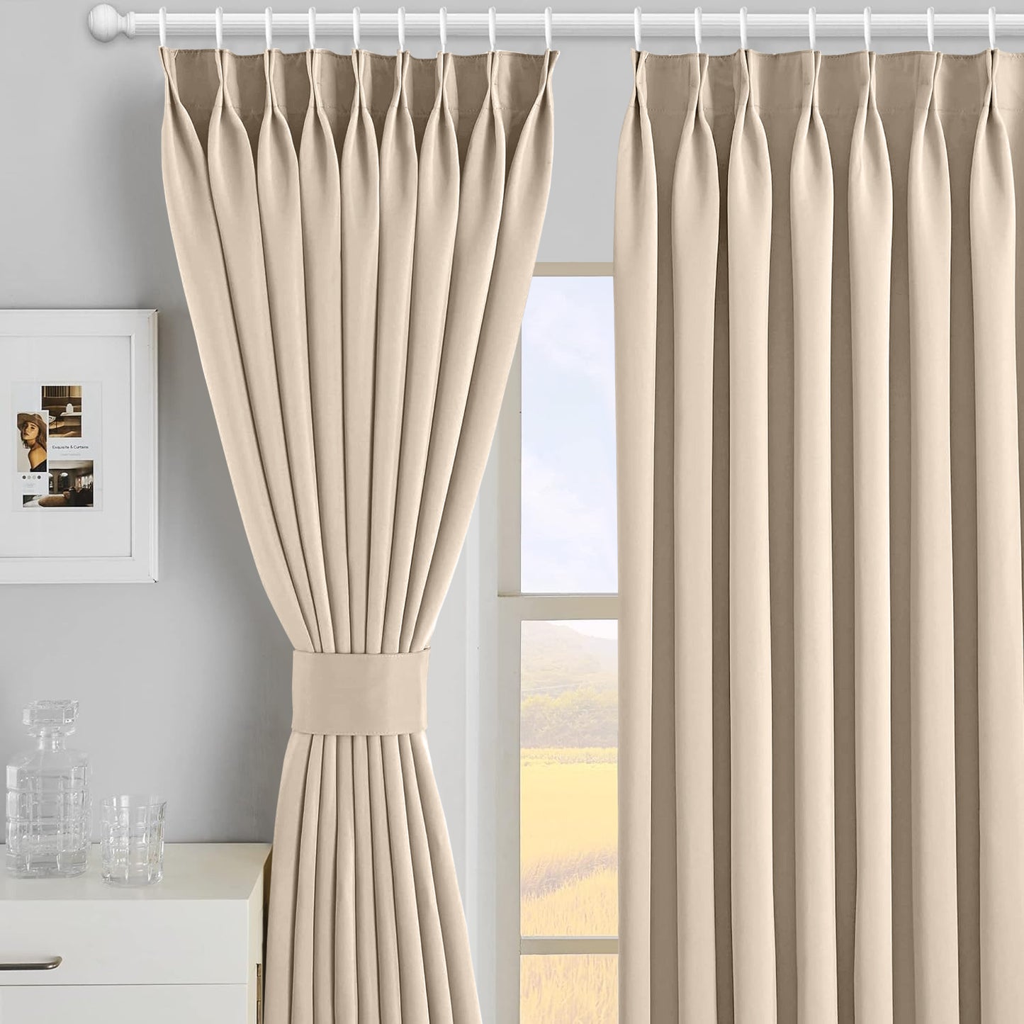 2pcs Premium Blackout Pencil Pleat Curtains – Heavy Duty Thermal Insulated Window Drapes with Matching Ties, Noise Reducing, Energy Saving & UV Blocking, Perfect for Bedroom & Living Room