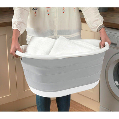 Foldable Laundry Basket Plastic - Small Collapsible Washing Baskets for Clothes - Portable and Ideal for Space Saving Storage Oval Shape - Grey