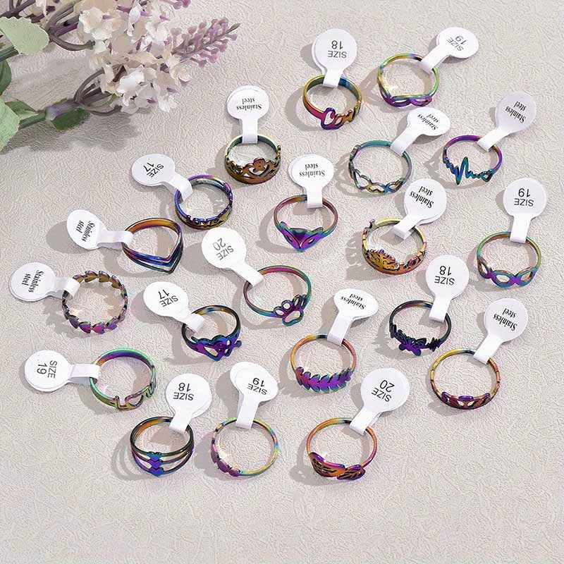 Set Of 20 Hollow Geometry Stainless Steel Rings (Style And Size Random, No Box)