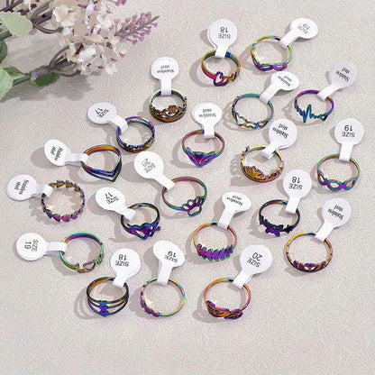 Set Of 20 Hollow Geometry Stainless Steel Rings (Style And Size Random, No Box)