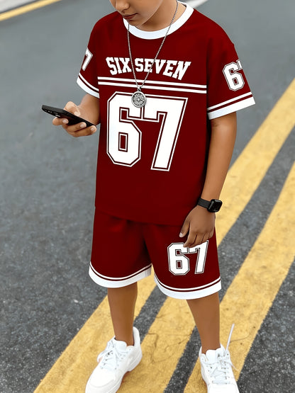 2pcs/Set Boys' Casual Stylish Creative Graphic Number 67 Cartoon Print Short Sleeve T-Shirt And Shorts Set, Comfortable Daily Wear for Spring, Summer & Autumn, for Outdoor