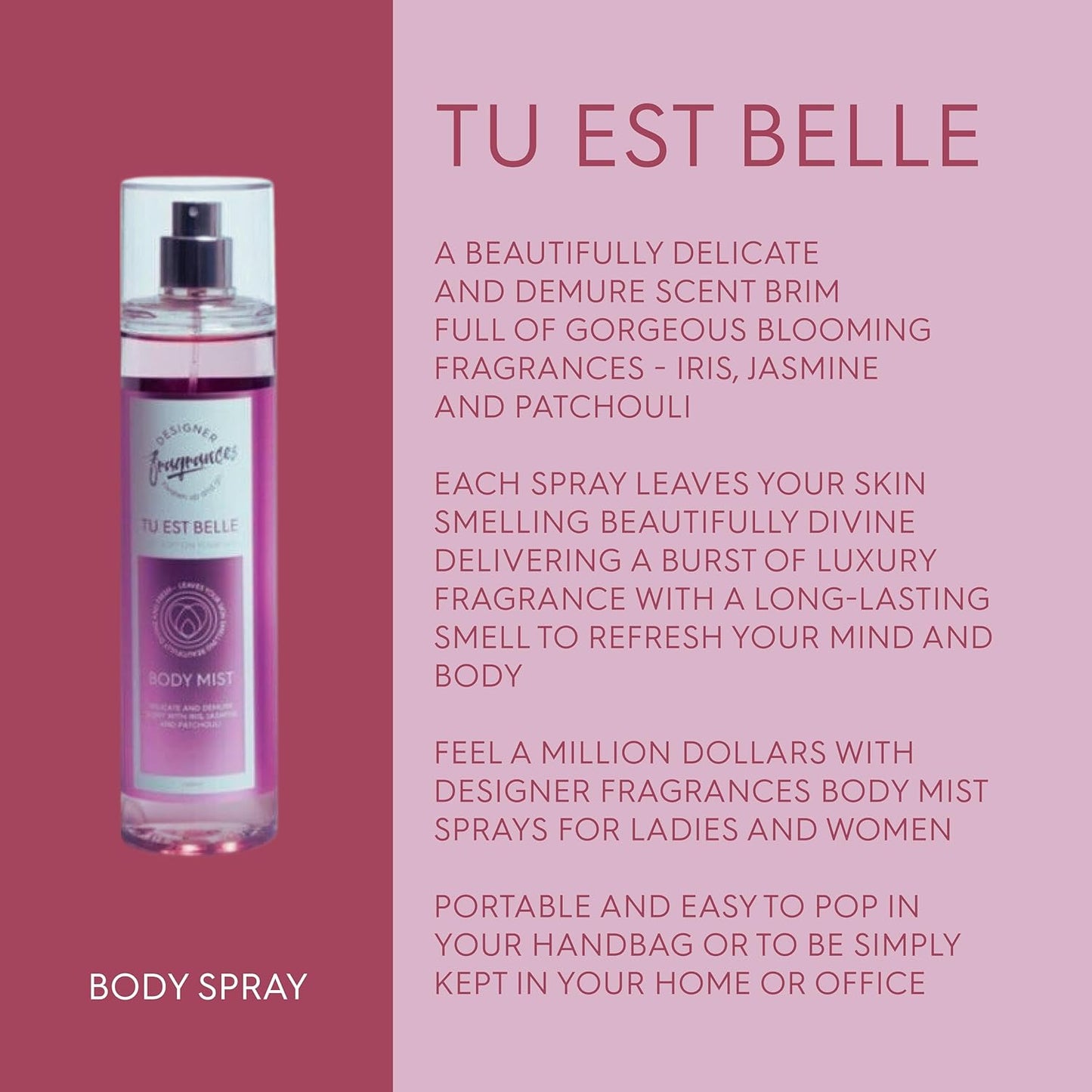 Designer Fragrances 3 Pack Tu Est Belle Bundle - Women'S Feminine Body Wash, Deodorant Body Sprays & Mist Sprays - For Instant Freshness, Silky Soft, Beautifully Smelling Fresh Skin, Revitalizing