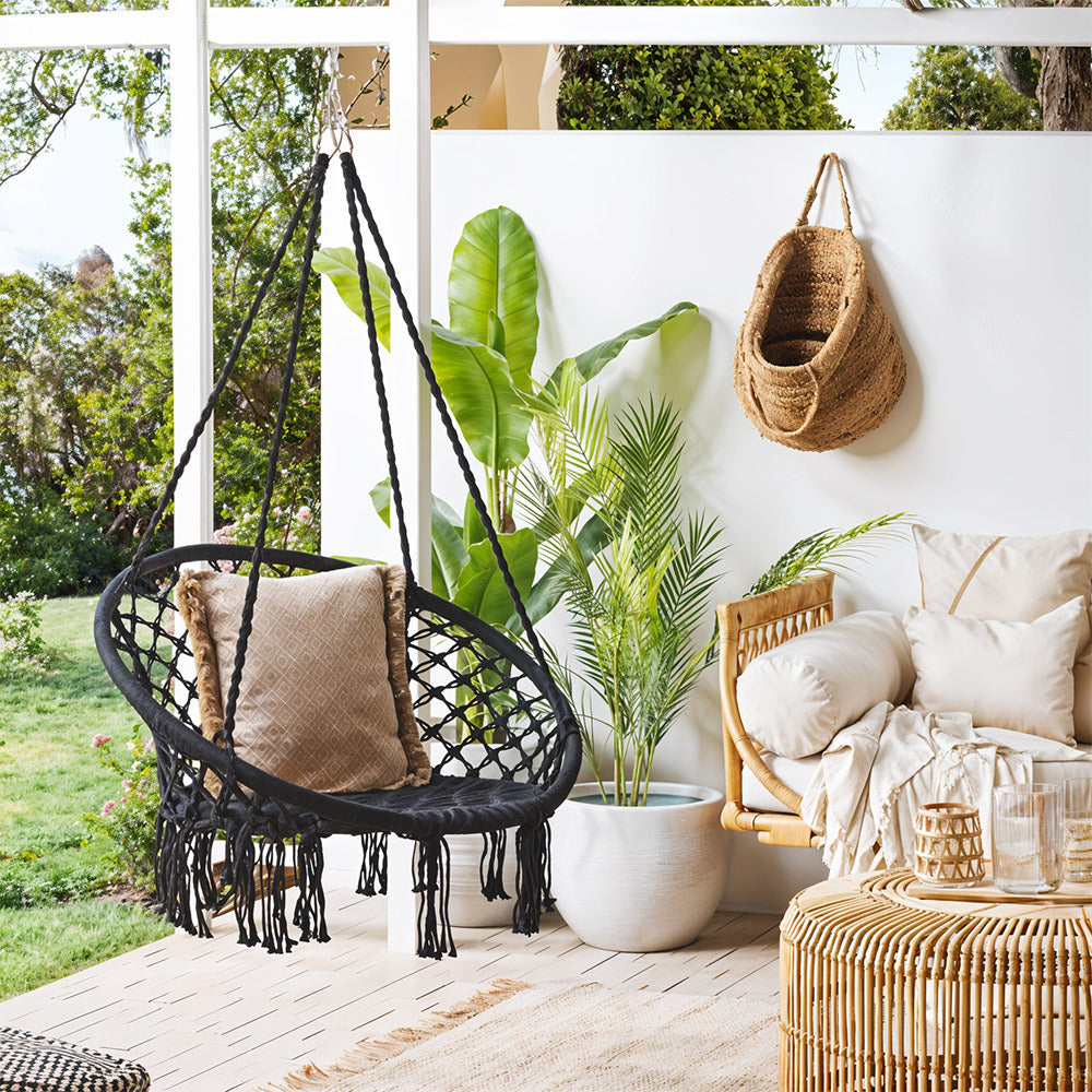 Balcony Rocking Chair, Courtyard Woven Hanging Basket, Hanging Cotton Rope Iron Ring Hanging Chair, Suitable for Indoor, Outdoor, Home, Balcony, Courtyard, Garden, Maximum Load Capacity: 200kg, Material: Iron Ring, Cotton Rope (No Include Cushion)