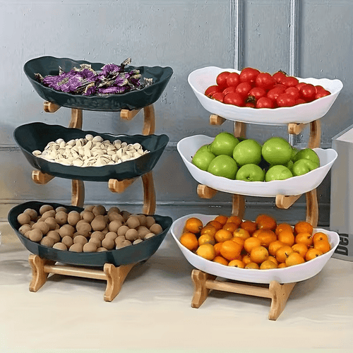 Wooden 3-Tier Fruit and Vegetable Basket with Wooden Legs - Versatile Kitchen Organizer for Fruits, Vegetables, and Iced Food - Perfect for Refrigerator Storage, Fruit Basket for Kitchen