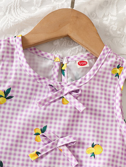 2pcs Set. Girls' Vest And Shorts Outfit, Lemon Print, Contrast Plaid Pattern, Bow Detail, Ruffled Hem. Summer Casual Outfit for Girls. Ideal Gift for 1-8 Year Olds. Suitable for Outdoor Wear