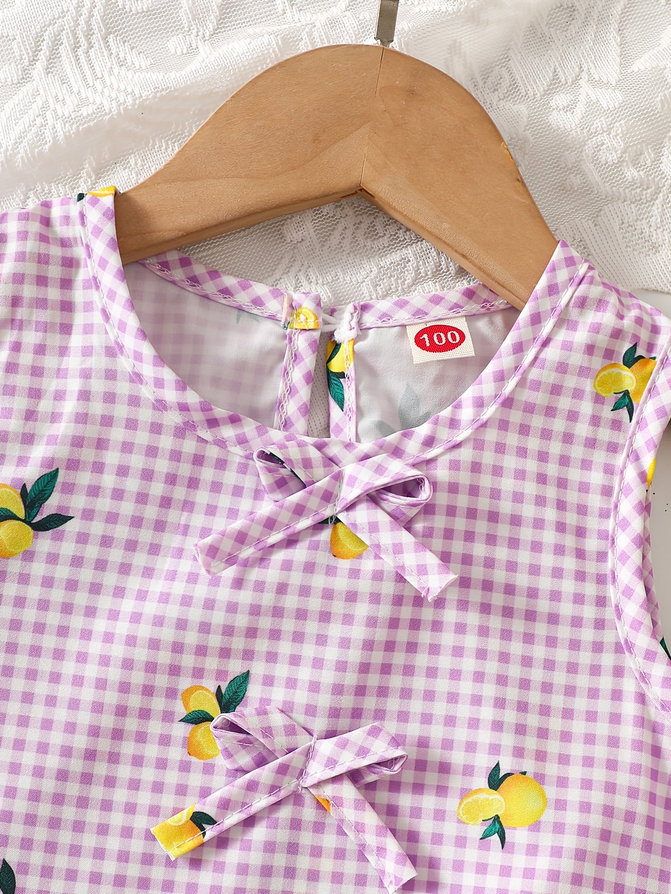 2pcs Set. Girls' Vest And Shorts Outfit, Lemon Print, Contrast Plaid Pattern, Bow Detail, Ruffled Hem. Summer Casual Outfit for Girls. Ideal Gift for 1-8 Year Olds. Suitable for Outdoor Wear