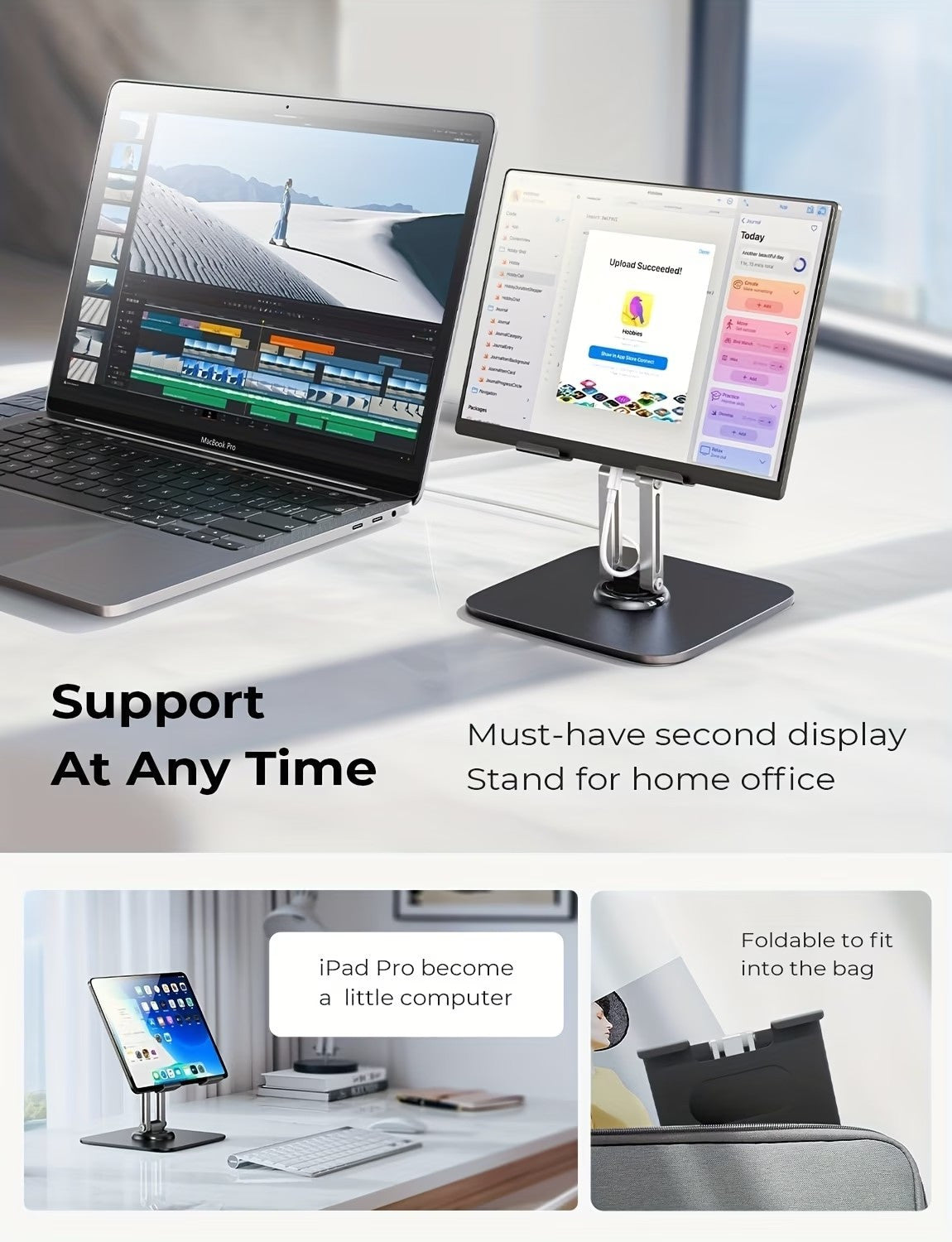 2PCS Set (1x Heavy-Duty Adjustable Tablet Stand & 1x Allen Key) - 360° Rotating Base, Foldable Design, All-Metal Construction, Ergonomic Desk Holder for iPad, Tablet, Phone & Laptop, Sturdy & Stable, Ideal for Office & Home Use
