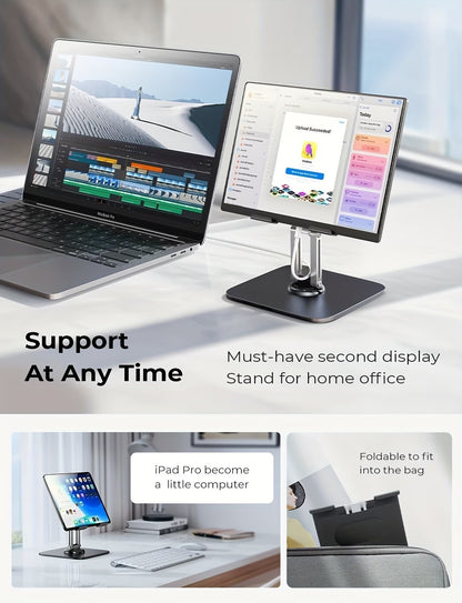 2PCS Set (1x Heavy-Duty Adjustable Tablet Stand & 1x Allen Key) - 360° Rotating Base, Foldable Design, All-Metal Construction, Ergonomic Desk Holder for iPad, Tablet, Phone & Laptop, Sturdy & Stable, Ideal for Office & Home Use