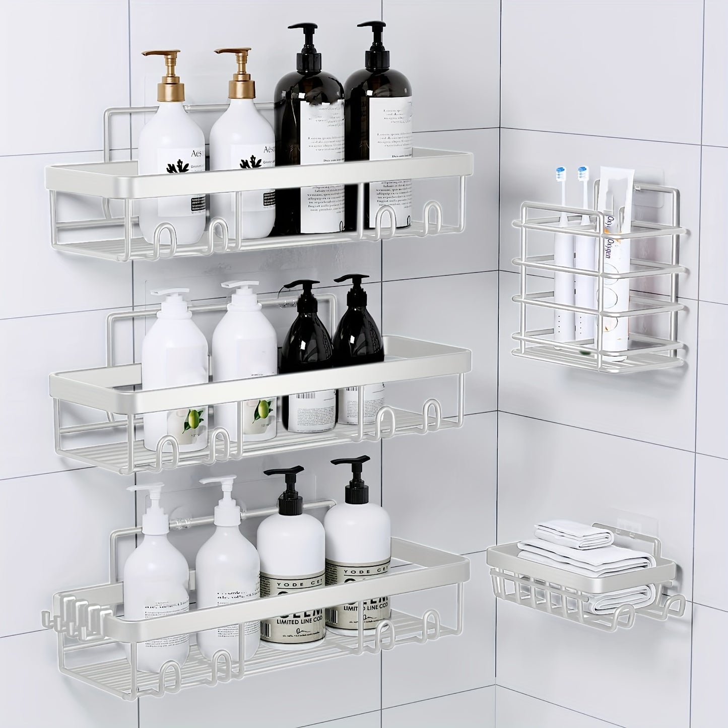 Shower Caddy, Bathroom Shower Organizers, Black Shower Shelves for Inside Shower with Soap Caddy & Toothbrush Holder, Stainless Steel Wall Rack Baskets Adhesives Mounted(1 And5pcs), Random Color Properties to Choose, Shelves