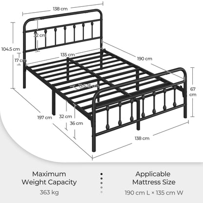 Costoffs Metal Bed Frame, Metal-Framed Bed, Bed Foundation, Metal Platform Bed, Vintage Iron Platform Bed with High Headboard and Footboard, Sturdy Iron Bed, Single/Double/King, White/Black/Pink