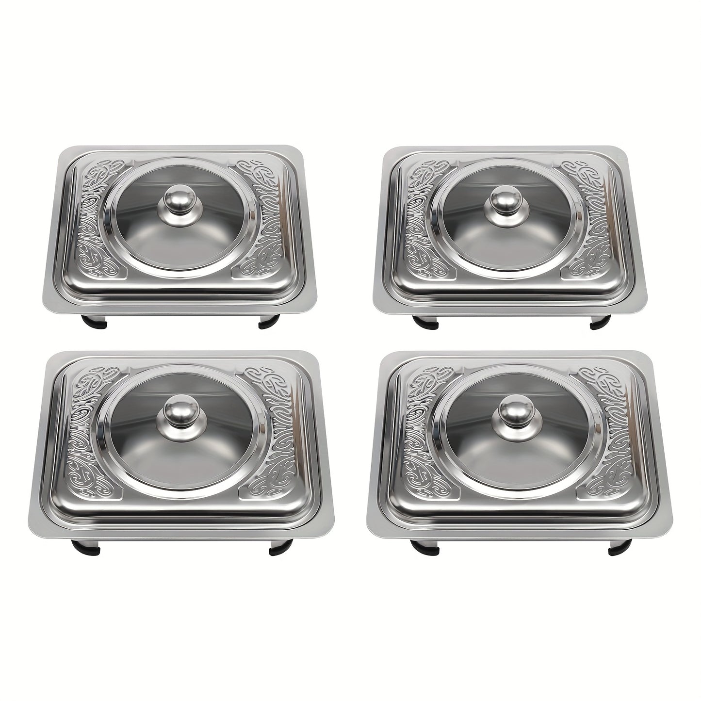 4pcs Stainless Steel Insulated Buffet Tray Set - High-grade Glass Lid + Removable Non-slip Feet, Essential for Banquet/ buffet/ wedding/ picnic, Easy to Clean and Save Space, Dual-use for Commercial and Domestic Use