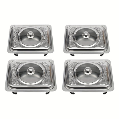 4pcs Stainless Steel Insulated Buffet Tray Set - High-grade Glass Lid + Removable Non-slip Feet, Essential for Banquet/ buffet/ wedding/ picnic, Easy to Clean and Save Space, Dual-use for Commercial and Domestic Use