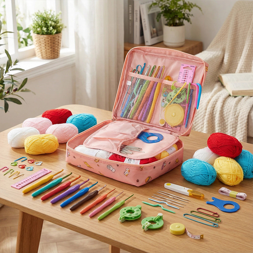 Crochet Kit for Beginners 59-Piece | Complete Set with Ergonomic Hooks, 5-Colour Yarn Balls & Zippered Storage Case | DIY Knitting Gift for Adults & Craft Enthusiasts