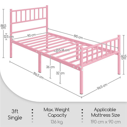 Slatted Headboard Metal Bed Frame Single & Double – 32cm Under-Bed Storage, 204kg Load, No Box Spring Needed, Easy Assembly | Black White Pink Silver