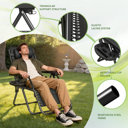 2pcs Zero Gravity Chairs, Fabric Foldable Patio Chairs Outdoor, Lounge Camping Chairs with Padded Pillow, Armrest, Footrest and Cup Holder - Textilene Fabric