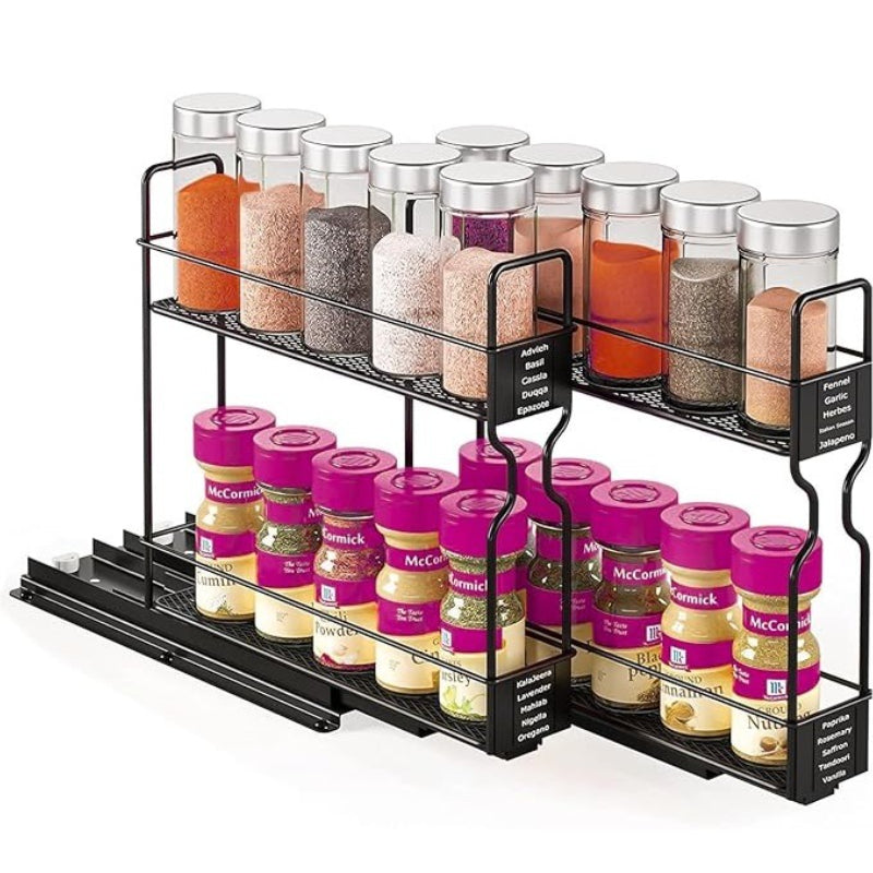 2 Tier Pull Out Spice Rack for Inside Cupboard, Sliding Spice Rack Cabinet Organiser Rack Metal Seasoning Rack Free Standing, Black