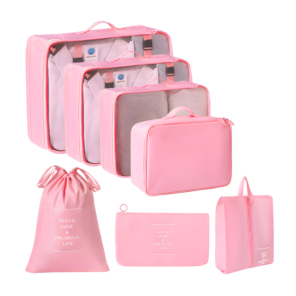 Packing Cubes Set of 7 for Suitcase – Travel Organiser Bags for Clothes, Shoes, Toiletries & Accessories, Oxford Fabric Luggage Sorting Pouches for Holiday & Business Travel in Grey, Pink, Blue & Beige
