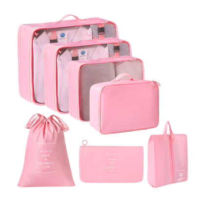 Packing Cubes Set of 7 for Suitcase – Travel Organiser Bags for Clothes, Shoes, Toiletries & Accessories, Oxford Fabric Luggage Sorting Pouches for Holiday & Business Travel in Grey, Pink, Blue & Beige