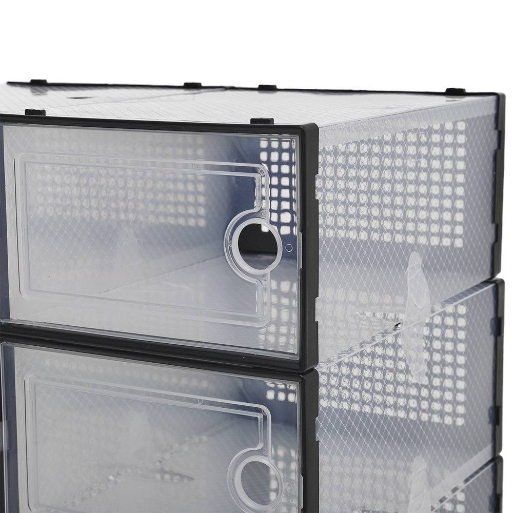 Folding Shoe Storage Box, 12 Pack Clear Transparent Shoe Storage Boxes Hard Plastic Stackable Organiser Containers Bins, DIY Easy Assembly, Sturdy & Durable, Space Saving, Black Door Frame, Foldable and Versatile for Sneakers, Fit up to UK Size 9.5