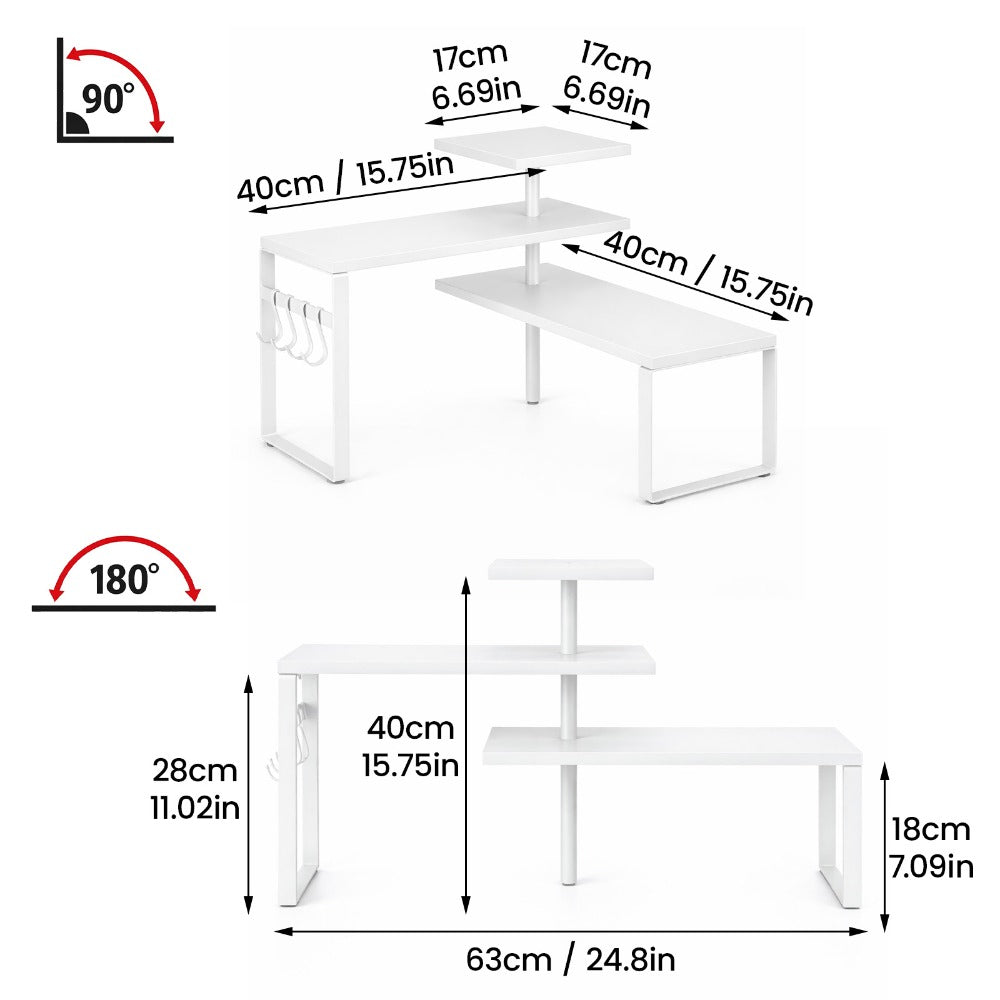 3-Tier Adjustable Countertop Organizer Spice Rack, Corner Shelf with 4 Hooks, Rustic Kitchen Counter Organizer for Coffee Bar, Bathroom, Cabinet, Desk