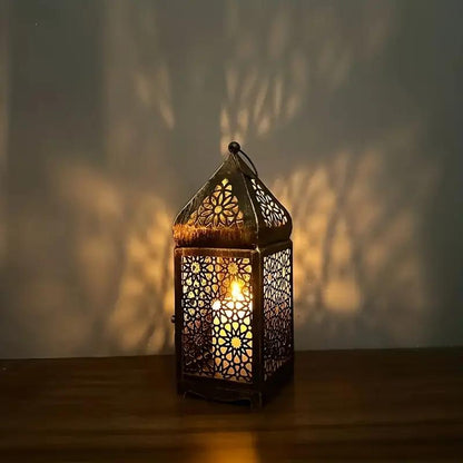 2-Pack Moroccan Style Iron Candle Lantern Holder - Intricate Cut-Out Patterns, Tabletop or Hanging Decor for Wedding, Dining Table, Courtyard, Rustic Elegance with Bakelite Finish (Candles Not Included)