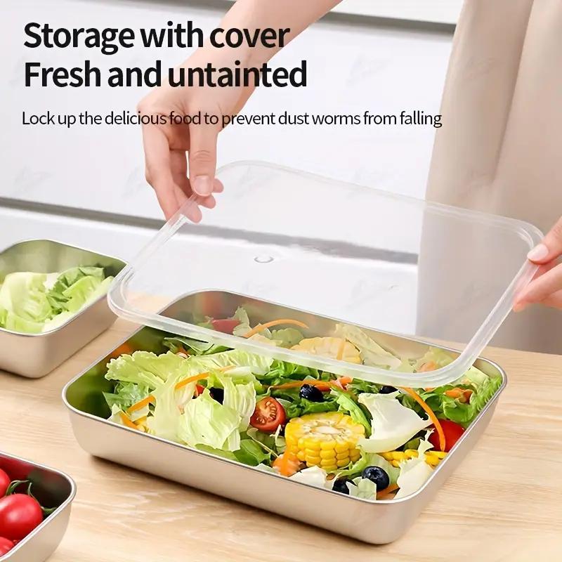 3/5/6 pcs Stainless Steel Food Storage Containers, Stackable with Sealed Lids, Flip Top, Square Shape, for Salad, Fruit, Food Storage, Kitchen Organization, Refrigerator Freshness, Freezer Safe, Multi-purpose Meal Prep