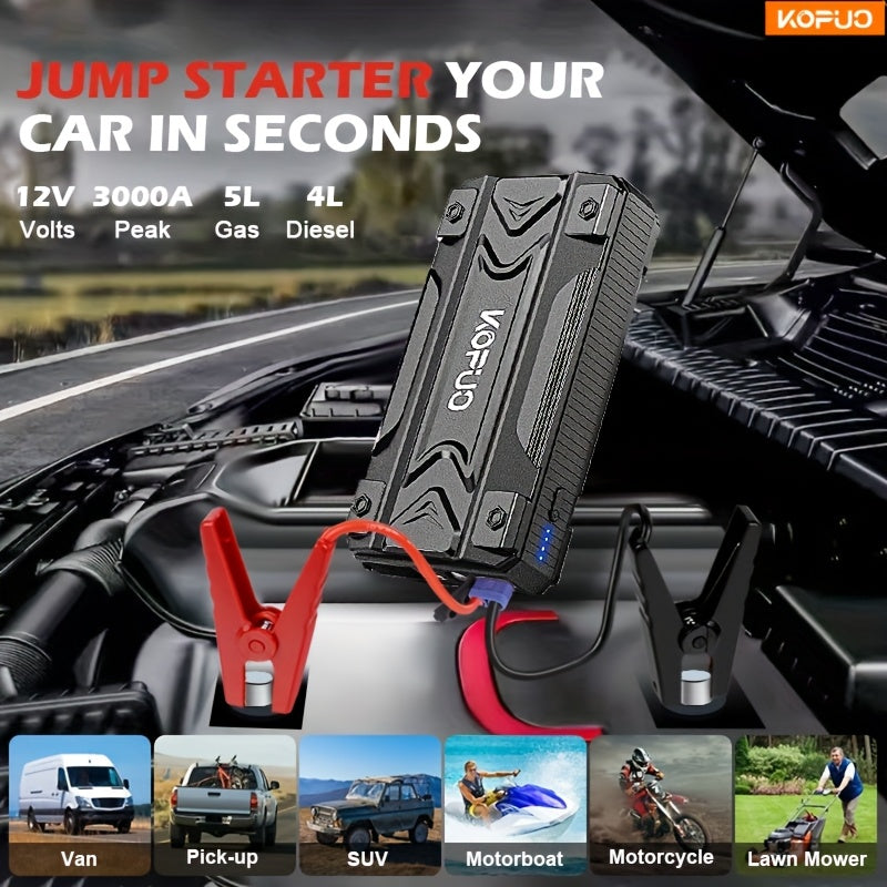 KOPUO 3000A/5000A Car Jump Starter (9L Gasoline/8L Diesel) Portable Car Jump Starter, 12V Car Battery Jumper Starter with Safety Jumper Cables, Fast Charging Car Battery Booster Jump Starter, Lights, Compact, Camping Essentials