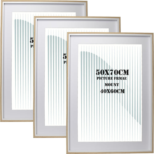 MDF Picture Frames, 50x70cm Set of 3 with Acid-Free Mount for 40x60cm, Available Colors: Black, White, Natural Wood
