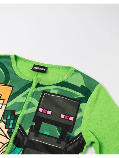 Minecraft Creeper Boys Green Zip-Up Onesie | Long Sleeve Microfleece Sleepwear with Steve & Enderman Print | Kids Gamer Nightwear | Ideal for Bedtime & Lounging | Minecraft Merch - 13-14 Years