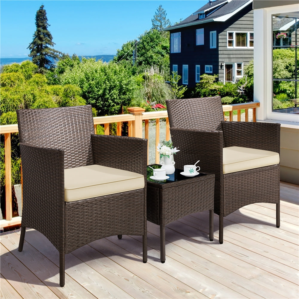 Costoffs Set of 3 Patio Table and Chairs, Outdoor Wicker Conversation Furniture Set, 2pcs Woven Rattan Chairs with Cushions and 1 Side Table
