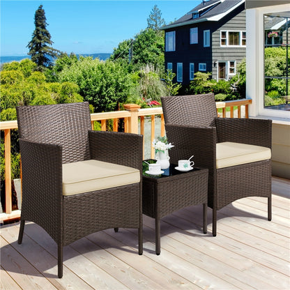 Costoffs Set of 3 Patio Table and Chairs, Outdoor Wicker Conversation Furniture Set, 2pcs Woven Rattan Chairs with Cushions and 1 Side Table