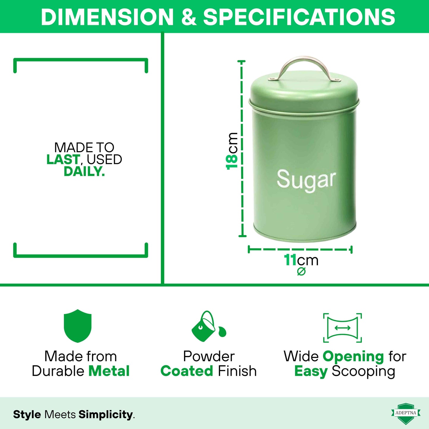 ADEPTNA 3pcs Tea Coffee Sugar Canister Set Airtight Metal Kitchen Storage Jars with Lids Durable Round Food Containers Easy Clean, Minimal Modern Design for Home, Office & Camping