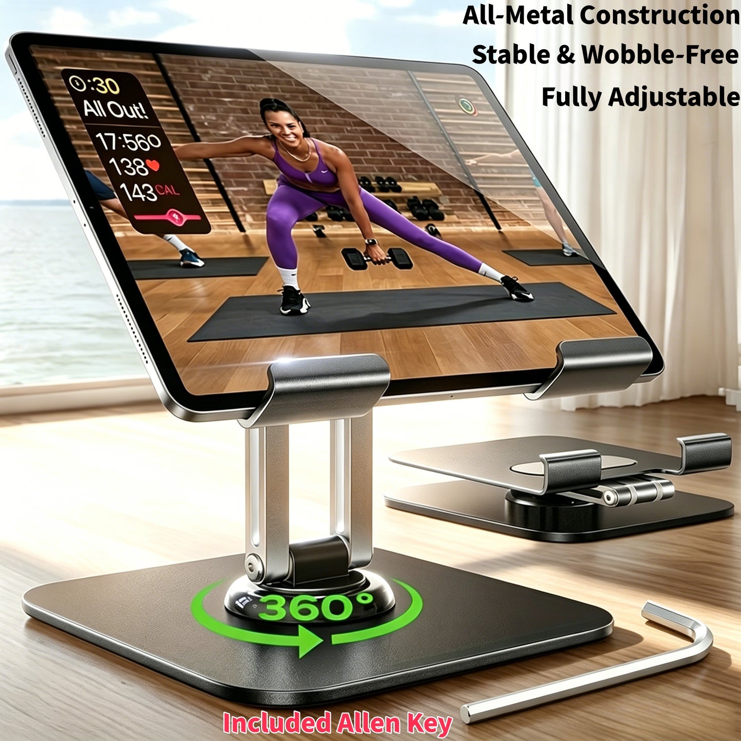 2PCS Set (1x Heavy-Duty Adjustable Tablet Stand & 1x Allen Key) - 360° Rotating Base, Foldable Design, All-Metal Construction, Ergonomic Desk Holder for iPad, Tablet, Phone & Laptop, Sturdy & Stable, Ideal for Office & Home Use