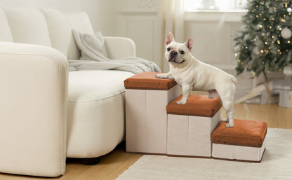 Foldable Dog Stairs 3 Tier with Storage Compartments – Adjustable Pet Steps for Bed & Sofa, Soft Flannel, 60x35x31cm | Small & Medium Dogs and Cats