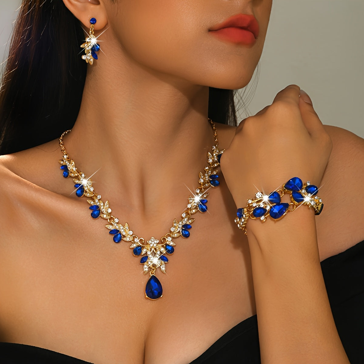 Luxury Blue Jewelry Three-Piece Set: Teardrop Pendant Necklace + Bracelet + Earrings, Women's Banquet Accessories