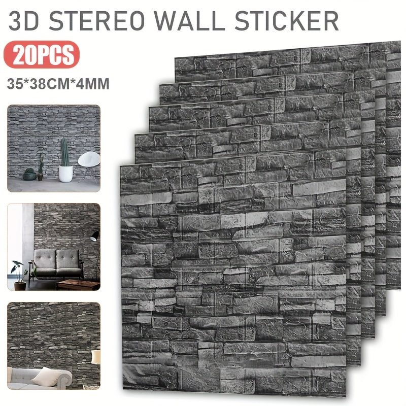 20pcs 3D Wall Panels 38×35cm Brick Wallpaper Self Adhesive DIY Wall Stickers PE Foam Panel Wall Tiles For Bedroom Kitchen Living Room Bathroom Home Decor, Roman Black